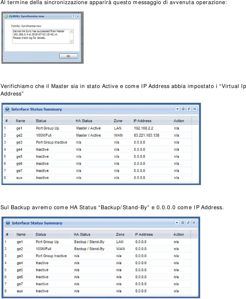 Active e come IP Address abbia impostato i Virtual Ip Address Sul