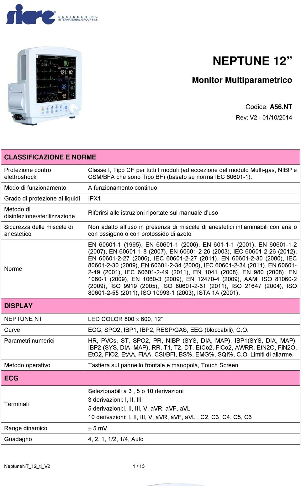 anestetico Norme Classe I, Tipo CF per tutti I moduli (ad eccezione del modulo Multi-gas, NIBP e CSM/BFA che sono Tipo BF) (basato su norma IEC 60601-1).