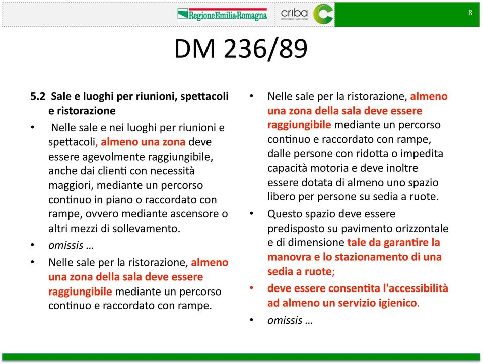 mezzi di sollevamento. omissis Nelle sale per la ristorazione, almeno una zona della sala deve essere raggiungibile mediante un percorso con0nuo e raccordato con rampe.