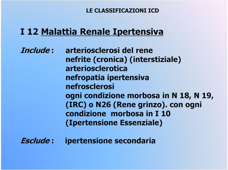 nefrosclerosi ogni condizione morbosa in N 18, N 19, (IRC) o N26 (Rene grinzo).