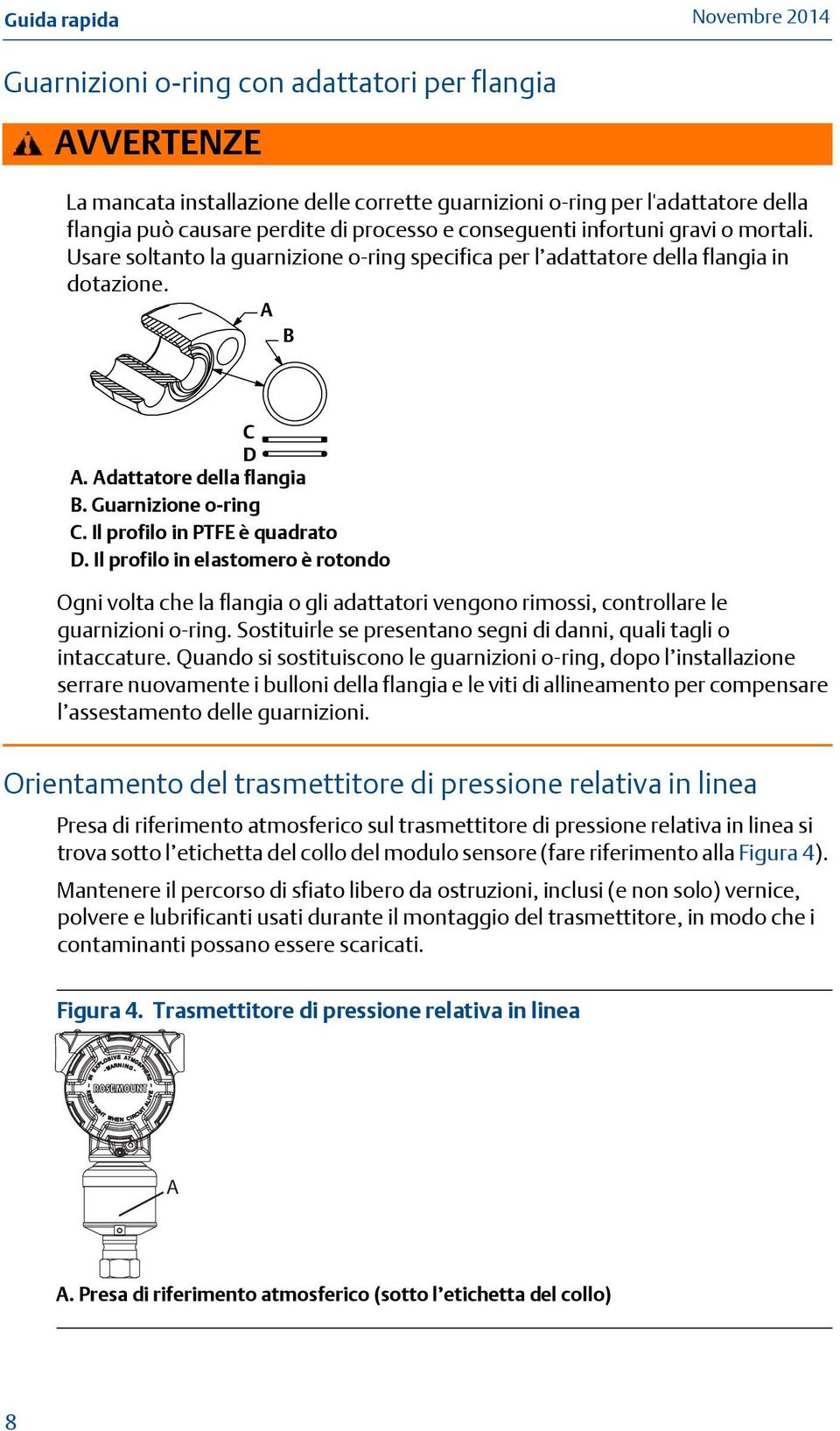 Il profilo in PTFE è quadrato D. Il profilo in elastomero è rotondo Ogni volta che la flangia o gli adattatori vengono rimossi, controllare le guarnizioni o-ring.