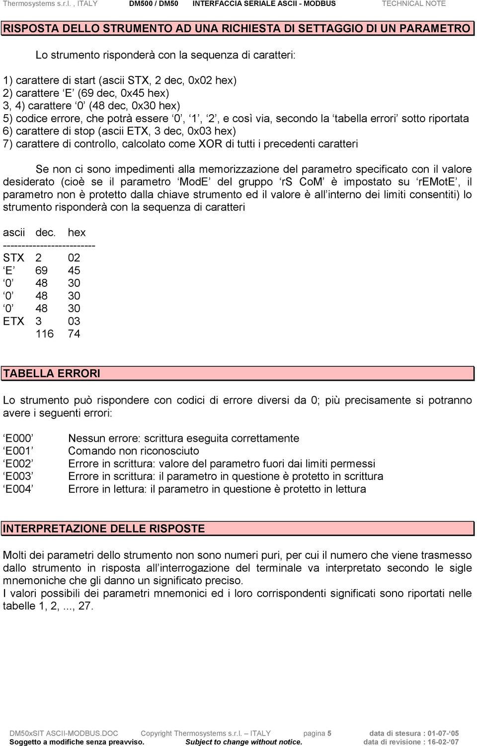 carattere di controllo, calcolato come XOR di tutti i precedenti caratteri Se non ci sono impedimenti alla memorizzazione del parametro specificato con il valore desiderato (cioè se il parametro ModE