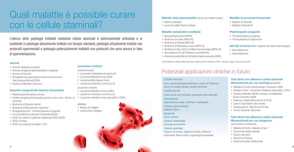 protocolli sperimentali e patologie potenzialmente trattabili con protocolli che sono ancora in fase di sperimentazione.