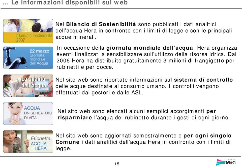 Dal 2006 Hera ha distribuito gratuitamente 3 milioni di frangigetto per rubinetti e per docce. Nel sito web sono riportate informazioni sul sistema di controllo delle acque destinate al consumo umano.