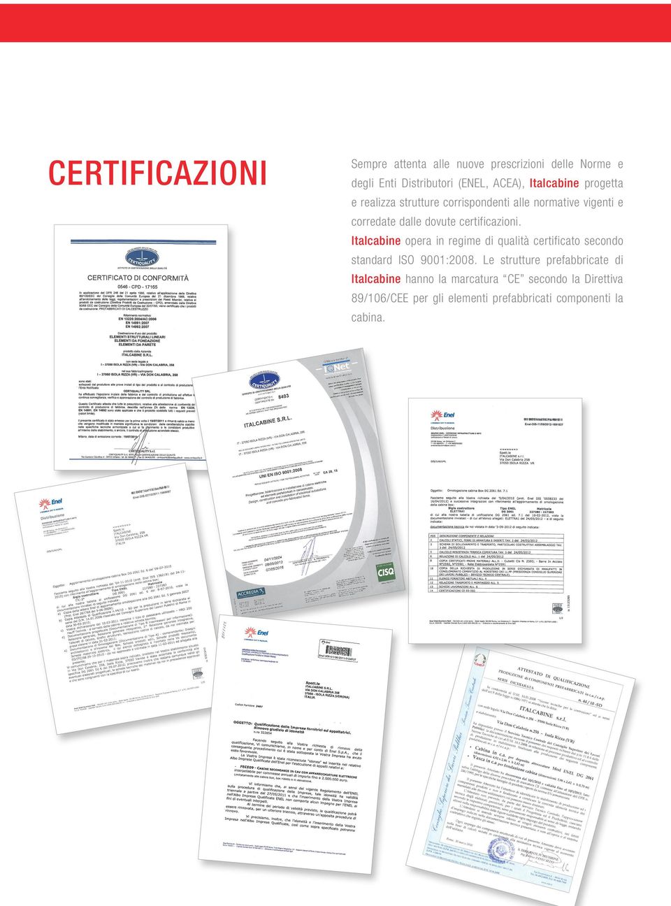 certificazioni. Italcabine opera in regime di qualità certificato secondo standard ISO 9001:2008.