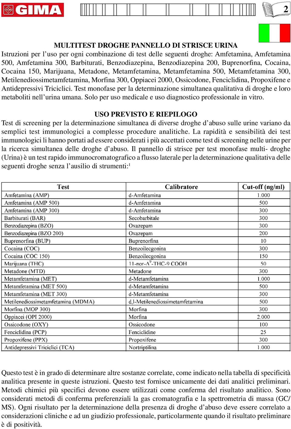 Fenciclidina, Propoxifene e Antidepressivi Triciclici. Test monofase per la determinazione simultanea qualitativa di droghe e loro metaboliti nell urina umana.