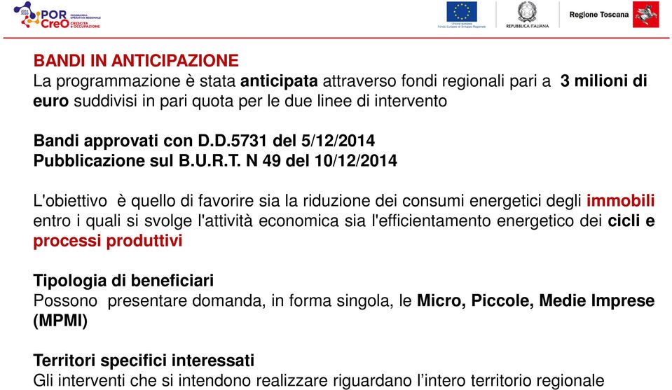 N 49 del 10/12/2014 L'obiettivo è quello di favorire sia la riduzione dei consumi energetici degli immobili entro i quali si svolge l'attività economica sia