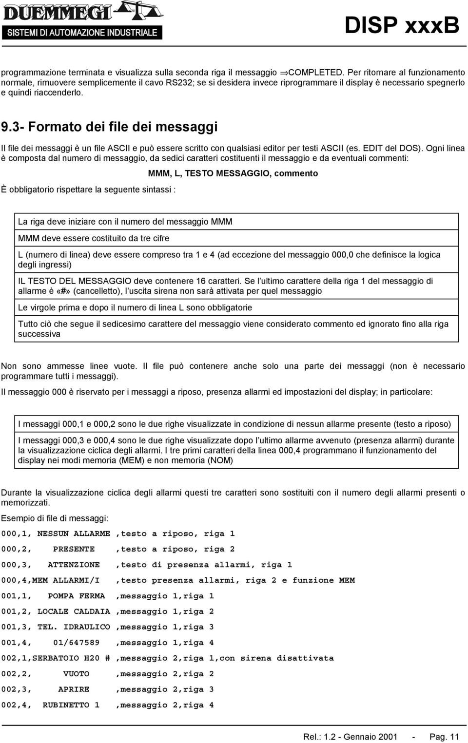 3- Formato dei file dei messaggi Il file dei messaggi è un file ASCII e può essere scritto con qualsiasi editor per testi ASCII (es. EDIT del DOS).