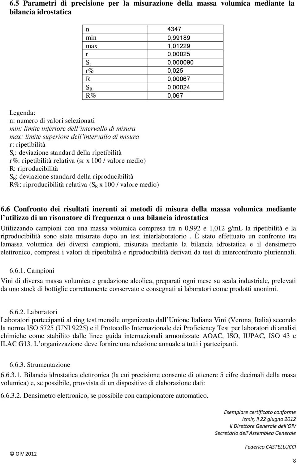 r%: ripetibilità relativa (sr x 100 / valore medio) R: riproducibilità S R : deviazione standard della riproducibilità R%: riproducibilità relativa (S R x 100 / valore medio) 6.