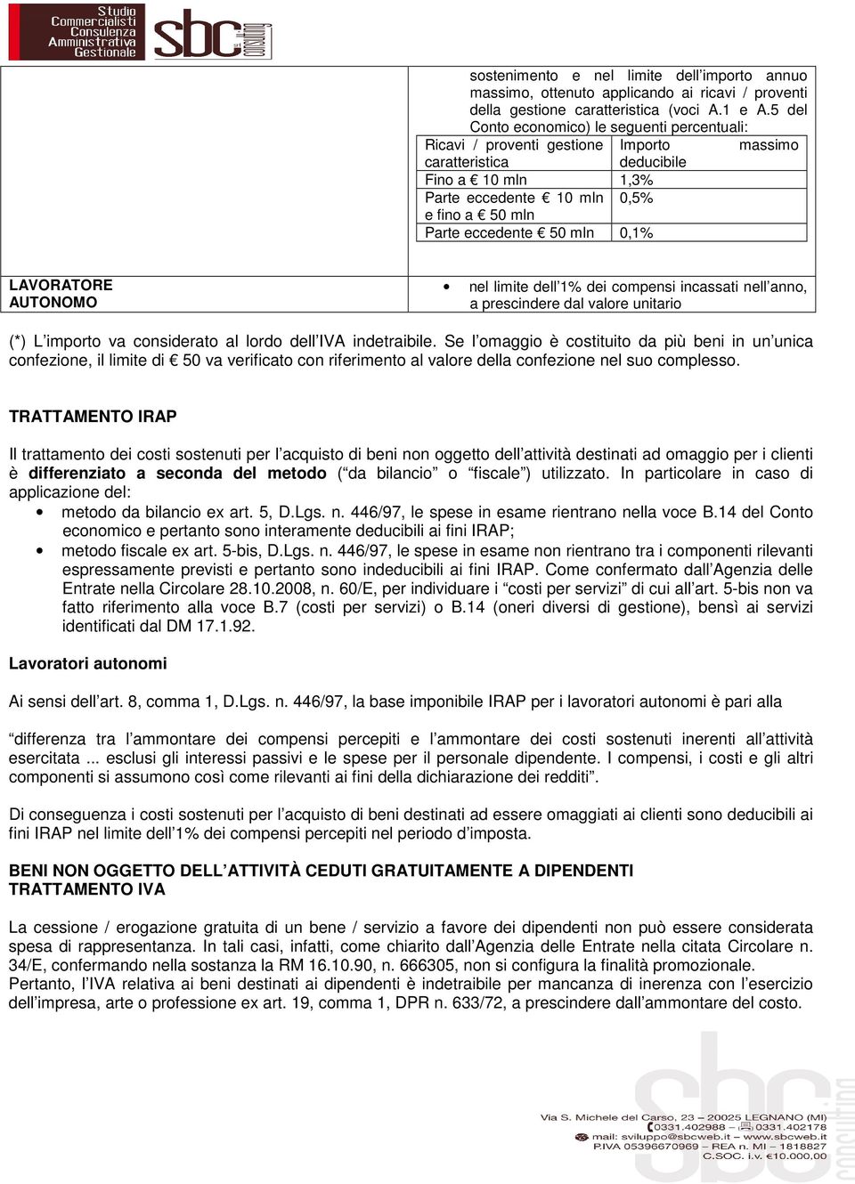 mln 0,1% LAVORATORE AUTONOMO nel limite dell 1% dei compensi incassati nell anno, a prescindere dal valore unitario (*) L importo va considerato al lordo dell indetraibile.