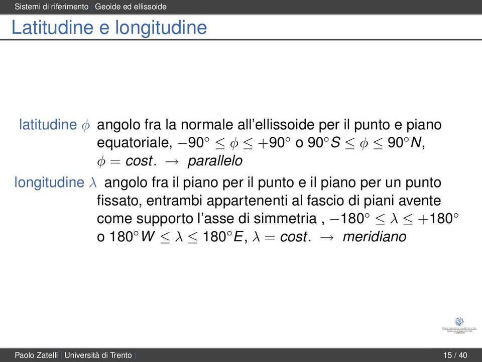 parallelo longitudine λ angolo fra il piano per il punto e il piano per un punto fissato, entrambi appartenenti