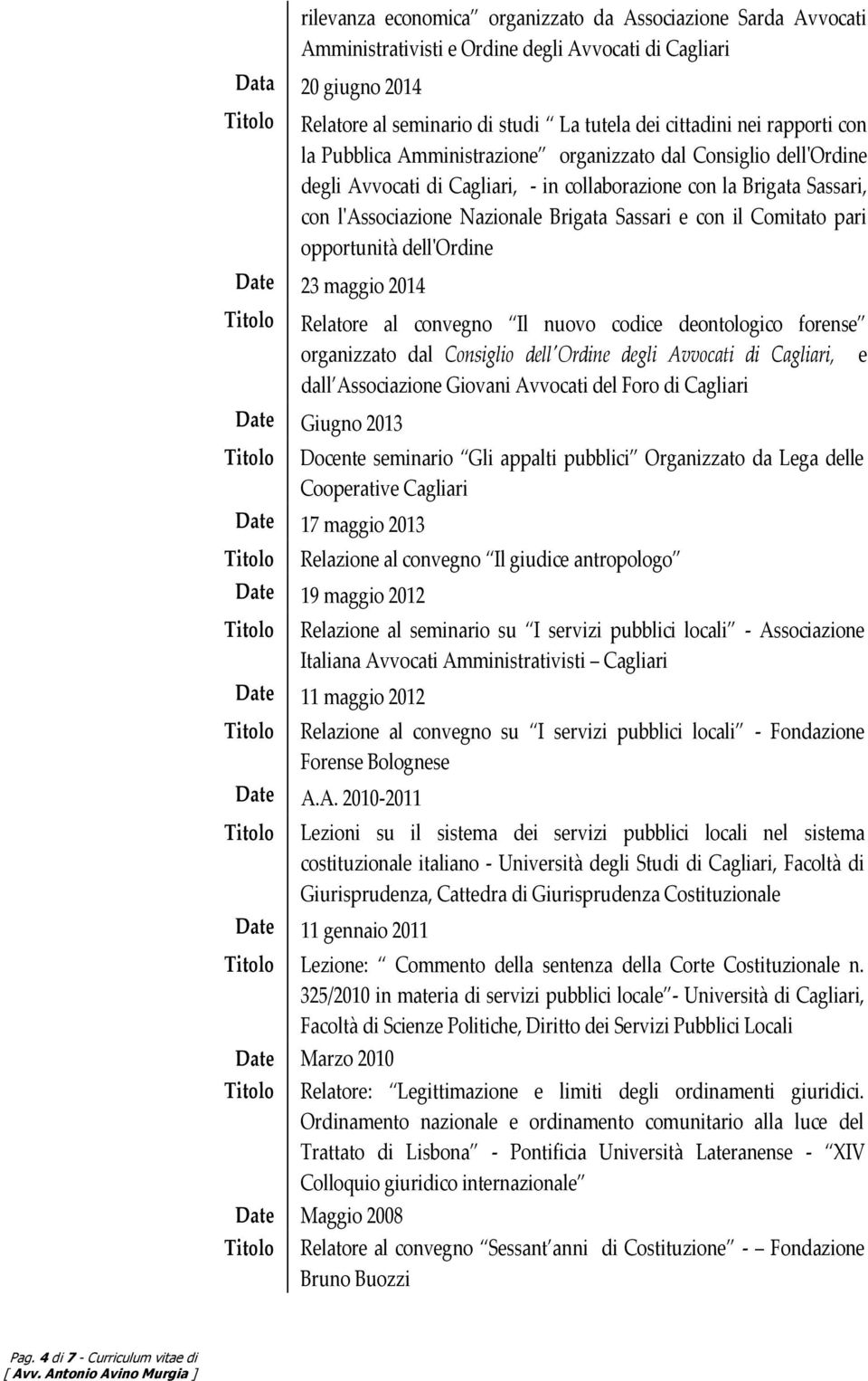 pari opportunità dell'ordine 23 maggio 2014 Relatore al convegno Il nuovo codice deontologico forense organizzato dal Consiglio dell'ordine degli Avvocati di Cagliari, e dall Associazione Giovani