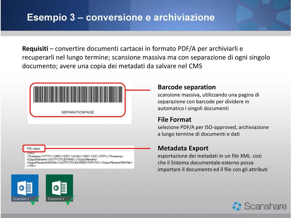 pagina di separazione con barcode per dividere in automatico I singoli documenti File Format selezione PDF/A per ISO approved, archiviazione a lungo termine di