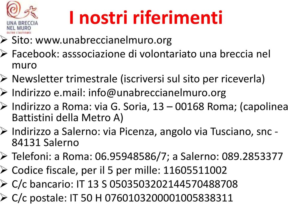 mail: info@unabreccianelmuro.org Indirizzo a Roma: via G.