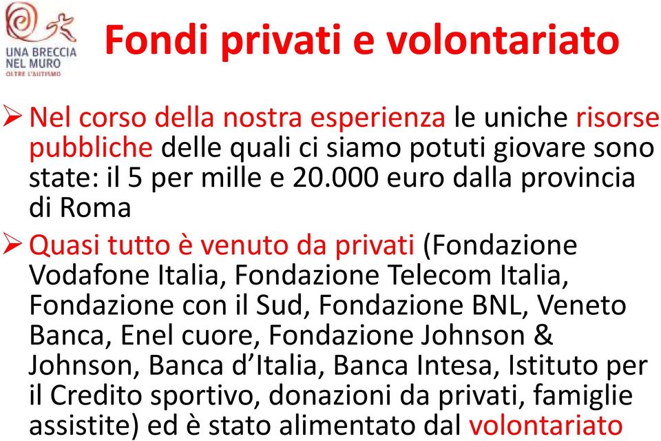 000 euro dalla provincia di Roma Quasi tutto è venuto da privati (Fondazione Vodafone Italia, Fondazione Telecom Italia,