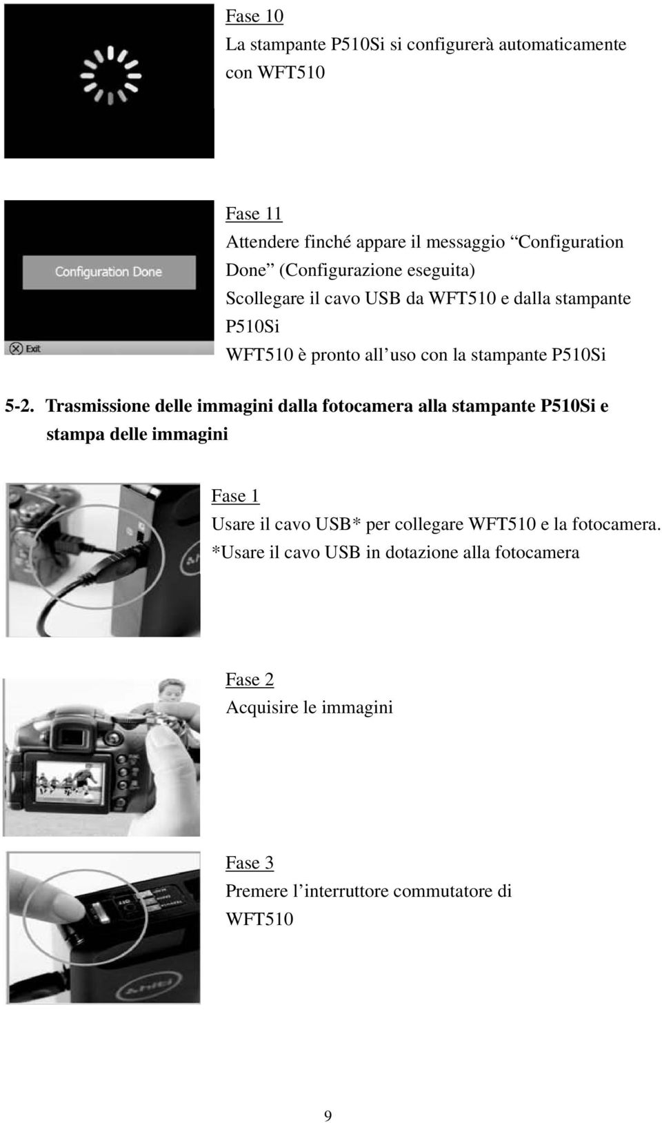 Trasmissione delle immagini dalla fotocamera alla stampante P510Si e stampa delle immagini Fase 1 Usare il cavo USB* per collegare WFT510