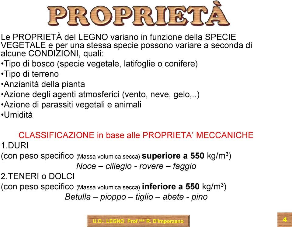 .) Azione di parassiti vegetali e animali Umidità CLASSIFICAZIONE in base alle PROPRIETA MECCANICHE 1.