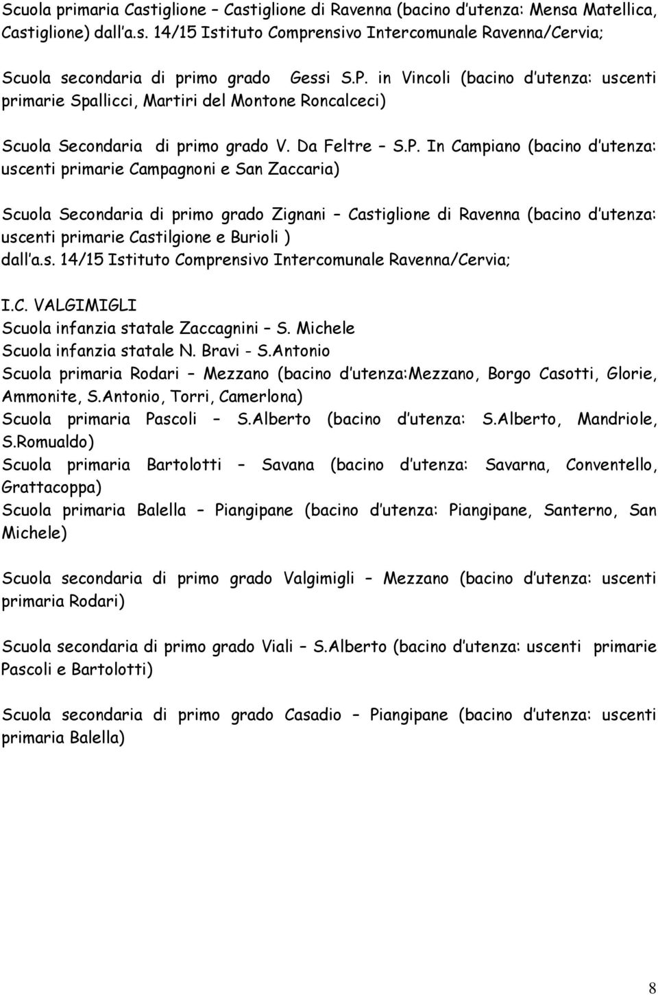 Campagnoni e San Zaccaria) Scuola Secondaria di primo grado Zignani Castiglione di Ravenna (bacino d utenza: uscenti primarie Castilgione e Burioli ) dall a.s. 14/15 Istituto Comprensivo Intercomunale Ravenna/Cervia; I.