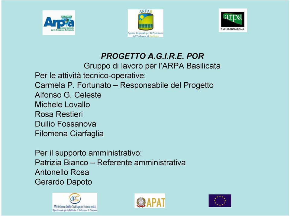 POR Gruppo di lavoro per l ARPA Basilicata Per le attività tecnico-operative: