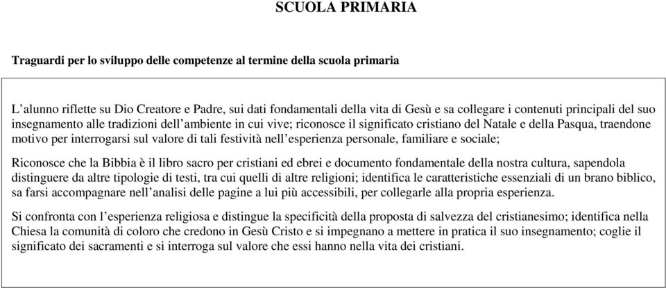 festività nell esperienza personale, familiare e sociale; Riconosce che la Bibbia è il libro sacro per cristiani ed ebrei e documento fondamentale della nostra cultura, sapendola distinguere da altre