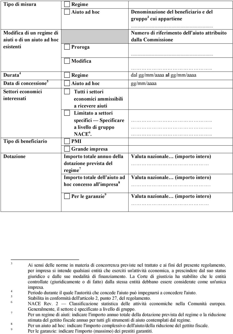 .. Modifica Durata 4 Regime dal gg/mm/aaaa al gg/mm/aaaa Data di concessione 5 Aiuto ad hoc gg/mm/aaaa Settori economici interessati Tipo di beneficiario Dotazione Tutti i settori economici