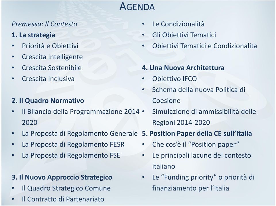 Una Nuova Architettura Obiettivo IFCO Schema della nuova Politica di Coesione Il Bilancio della Programmazione 2014- Simulazione di ammissibilità delle 2020 La Proposta di Regolamento