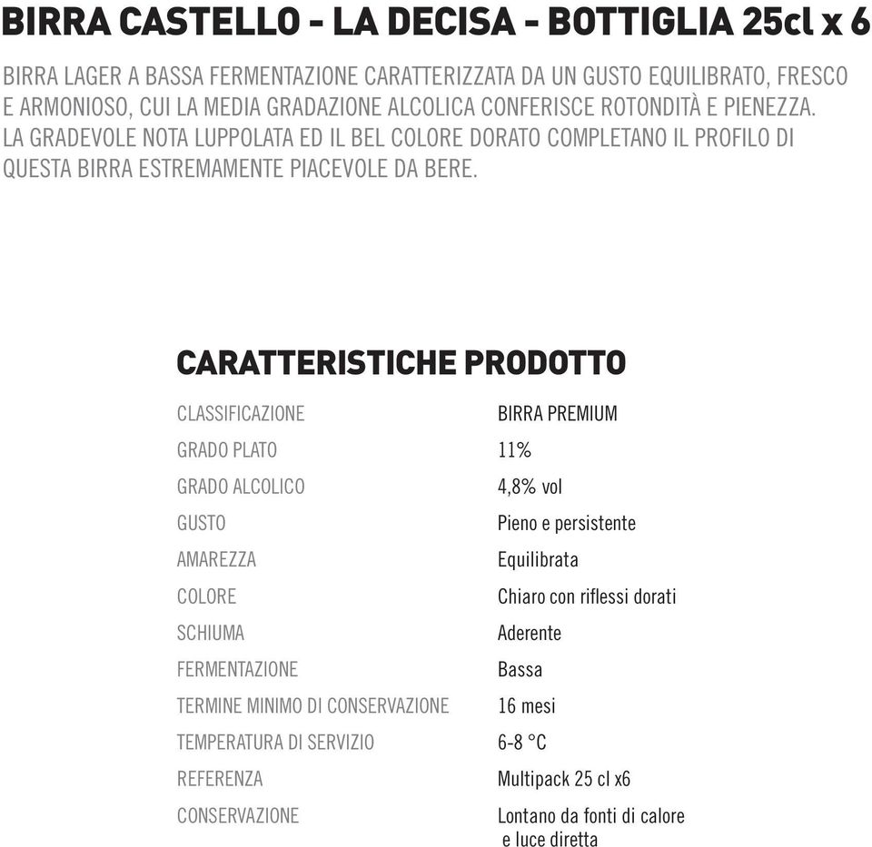 CARATTERISTICHE PRODOTTO CLASSIFICAZIONE GRADO PLATO GRADO ALCOLICO GUSTO AMAREZZA COLORE SCHIUMA FERMENTAZIONE TERMINE MINIMO DI CONSERVAZIONE TEMPERATURA DI SERVIZIO