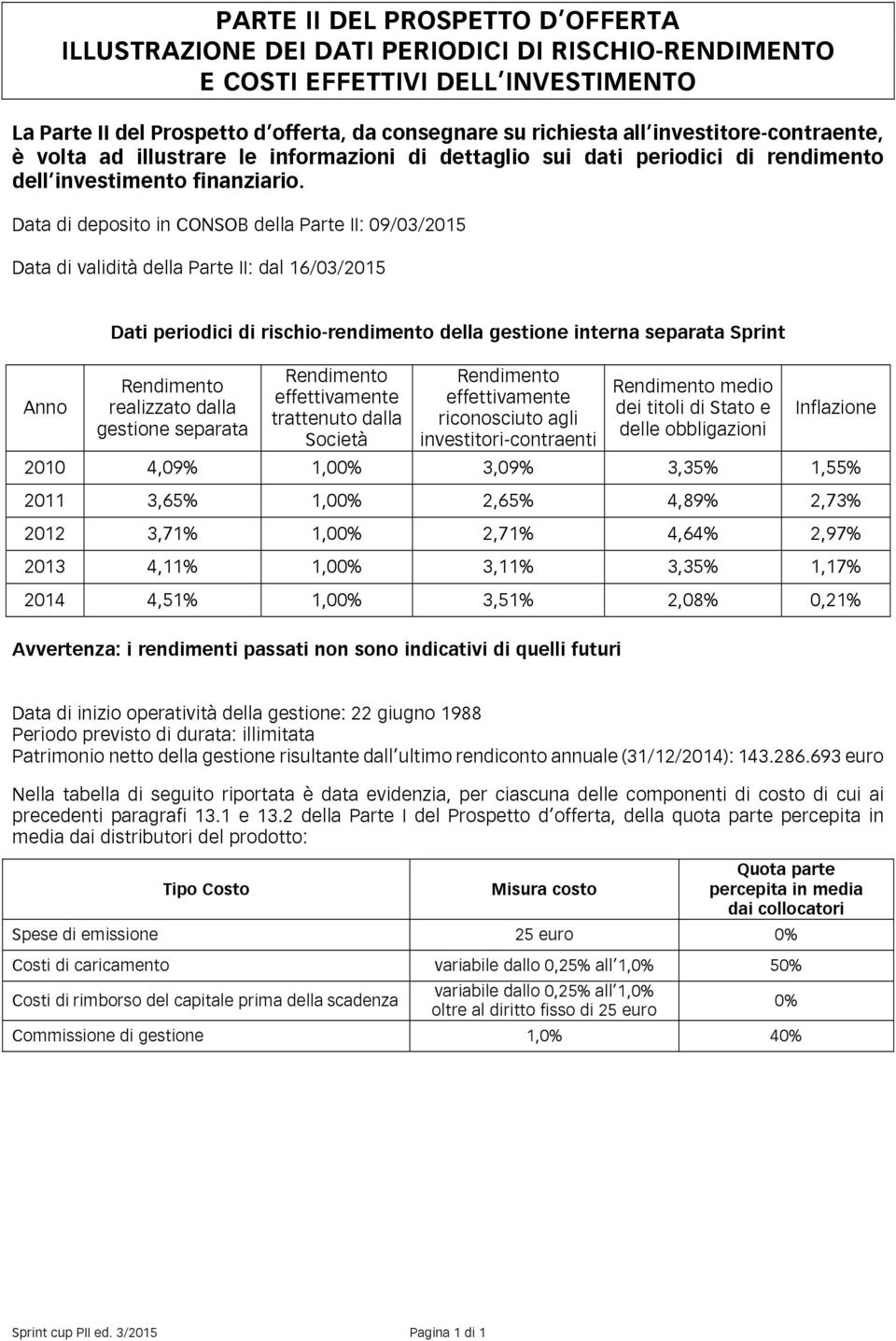 Data di deposito in CONSOB della Parte II: 09/03/2015 Data di validità della Parte II: dal 16/03/2015 Anno Dati periodici di rischio-rendimento della gestione interna separata Sprint Rendimento