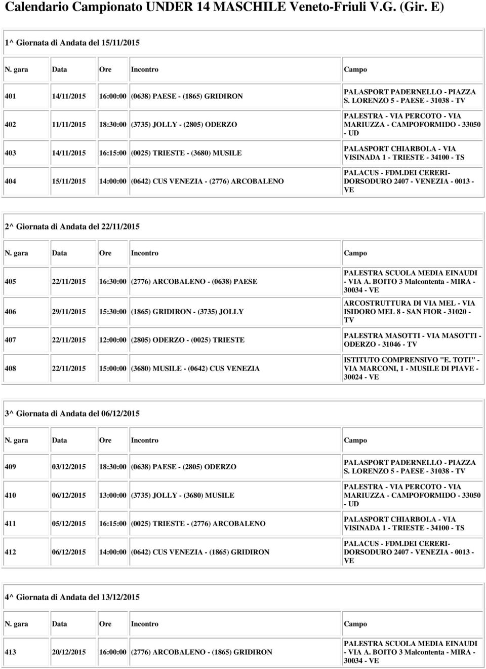 MUSILE 404 15/11/2015 14:00:00 (0642) CUS NEZIA - (2776) ARCOBALENO S.