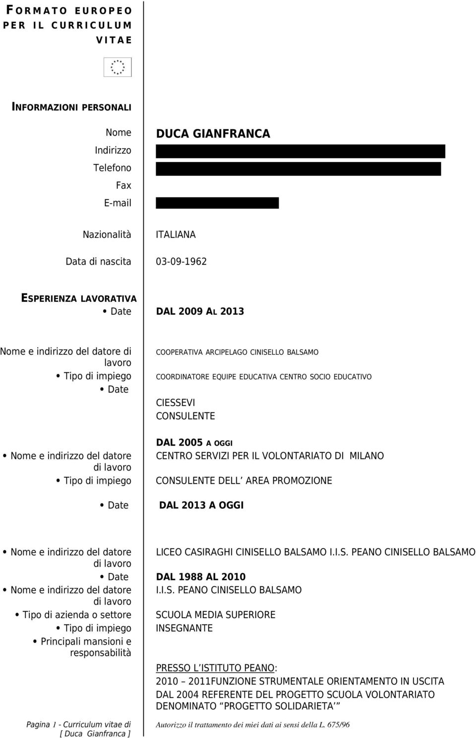 it Nazionalità ITALIANA Data di nascita 03-09-1962 ESPERIENZA LAVORATIVA Date DAL 2009 AL 2013 Nome e indirizzo del datore di lavoro Tipo di impiego Date COOPERATIVA ARCIPELAGO CINISELLO BALSAMO