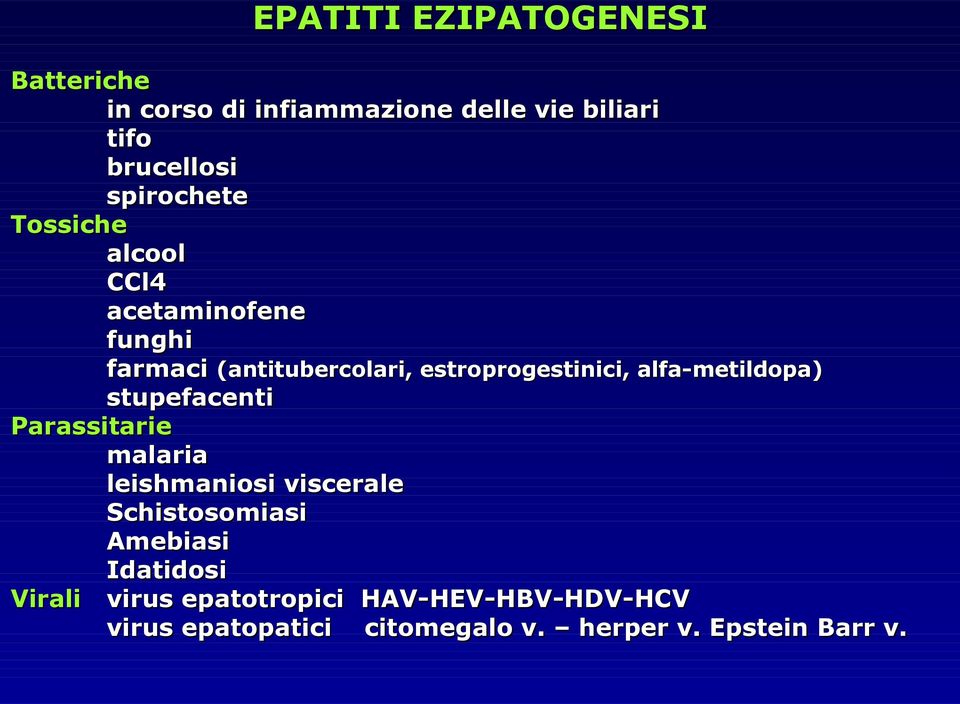 alfa-metildopa) stupefacenti Parassitarie malaria leishmaniosi viscerale Schistosomiasi Amebiasi