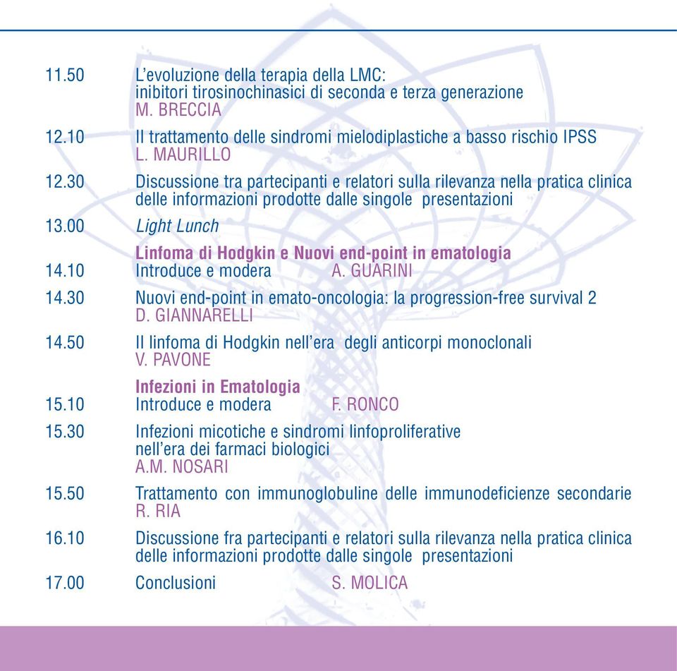 00 Light Lunch Linfoma di Hodgkin e Nuovi end-point in ematologia 14.10 Introduce e modera A. GUARINI 14.30 Nuovi end-point in emato-oncologia: la progression-free survival 2 D. GIANNARELLI 14.