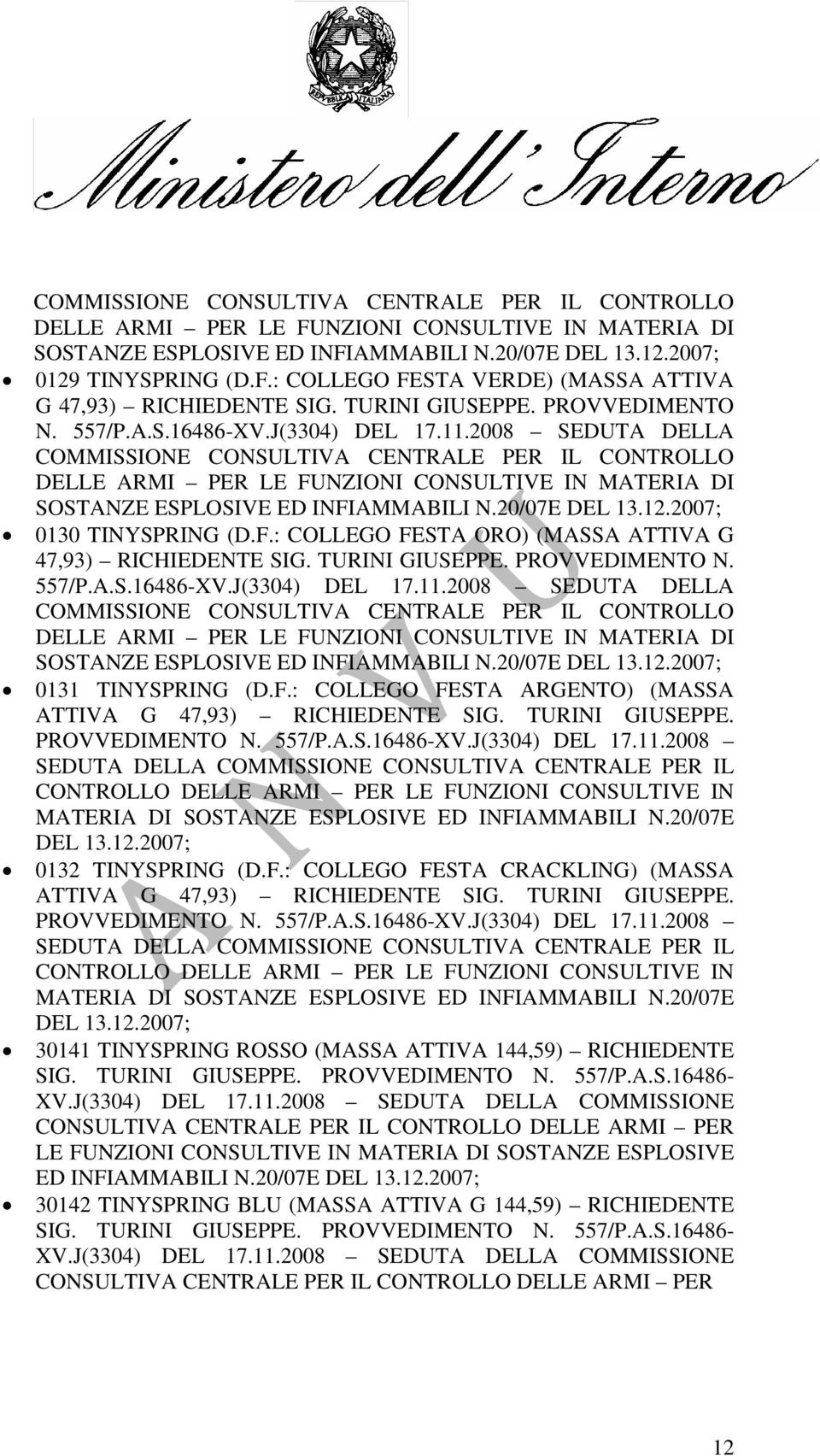 2008 SEDUTA DELLA COMMISSIONE CONSULTIVA CENTRALE PER IL CONTROLLO DELLE ARMI PER LE FUNZIONI CONSULTIVE IN MATERIA DI SOSTANZE ESPLOSIVE ED INFIAMMABILI N.20/07E DEL 13.12.2007; 0132 TINYSPRING (D.F.: COLLEGO FESTA CRACKLING) (MASSA ATTIVA G 47,93) RICHIEDENTE SIG.