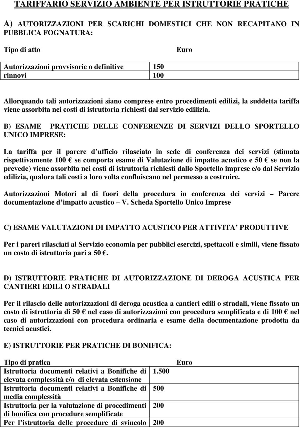 B) ESAME PRATICHE DELLE CONFERENZE DI SERVIZI DELLO SPORTELLO UNICO IMPRESE: La tariffa per il parere d ufficio rilasciato in sede di conferenza dei servizi (stimata rispettivamente 100 se comporta