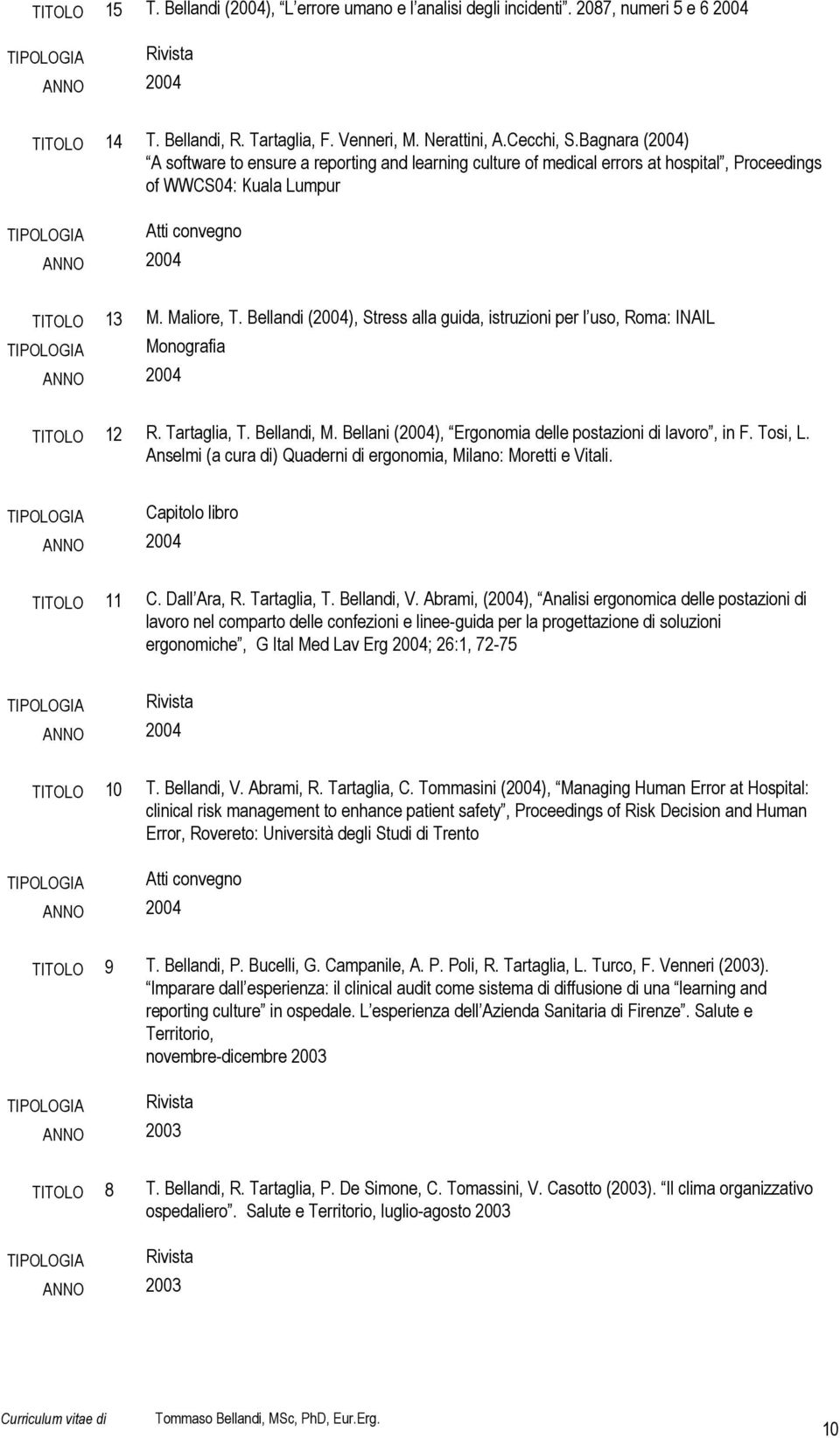 Bellandi (2004), Stress alla guida, istruzioni per l uso, Roma: INAIL Monografia TITOLO 12 R. Tartaglia, T. Bellandi, M. Bellani (2004), Ergonomia delle postazioni di, in F. Tosi, L.