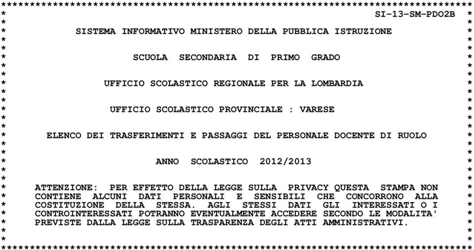 RUOLO * * * * * * ANNO SCOLASTICO 2012/2013 * * * * * * ATTENZIONE: PER EFFETTO DELLA LEGGE SULLA PRIVACY QUESTA STAMPA NON * * CONTIENE ALCUNI DATI PERSONALI E SENSIBILI CHE CONCORRONO ALLA * *