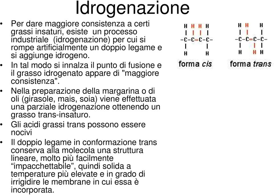 Nella preparazione della margarina o di oli (girasole, mais, soia) viene effettuata una parziale idrogenazione ottenendo un grasso trans-insaturo.