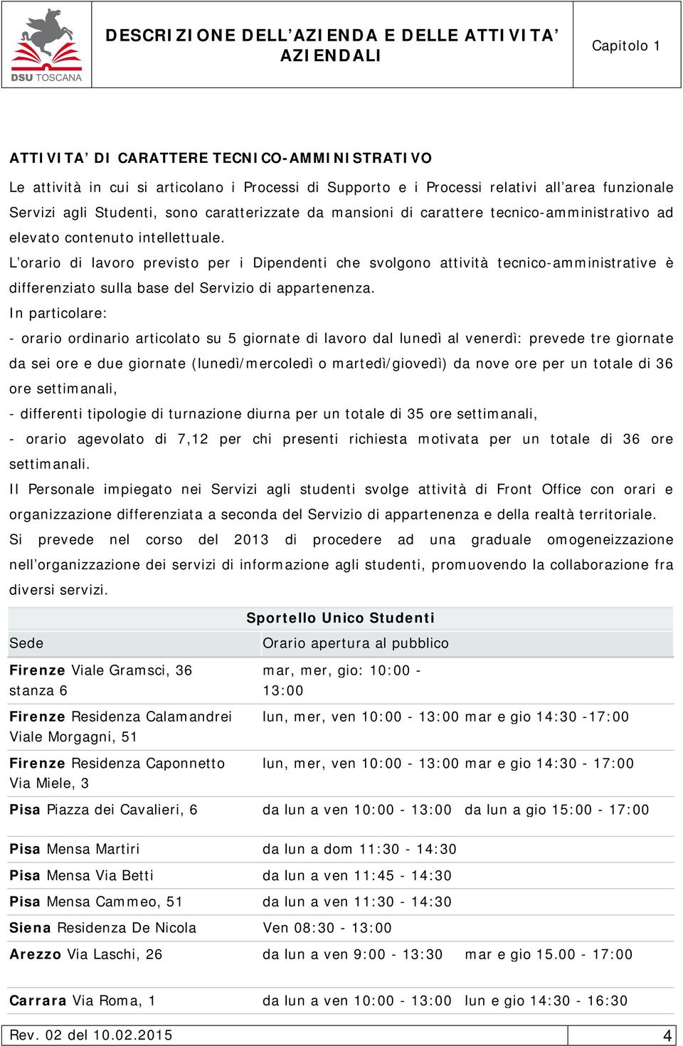 L orario di lavoro previsto per i Dipendenti che svolgono attività tecnico-amministrative è differenziato sulla base del Servizio di appartenenza.