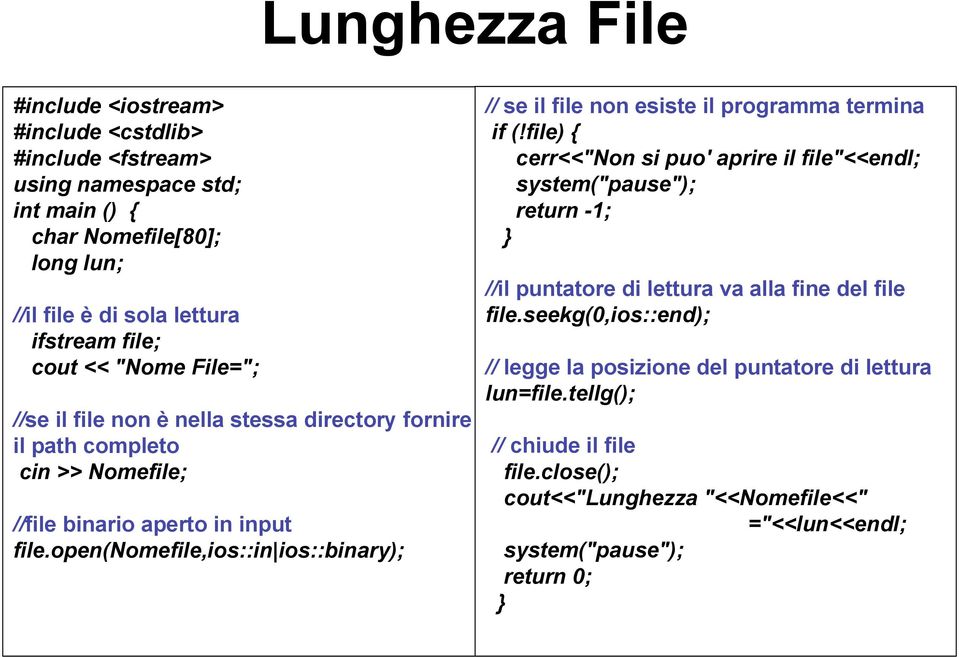 open(nomefile,ios::in ios::binary); // se il file non esiste il programma termina if (!