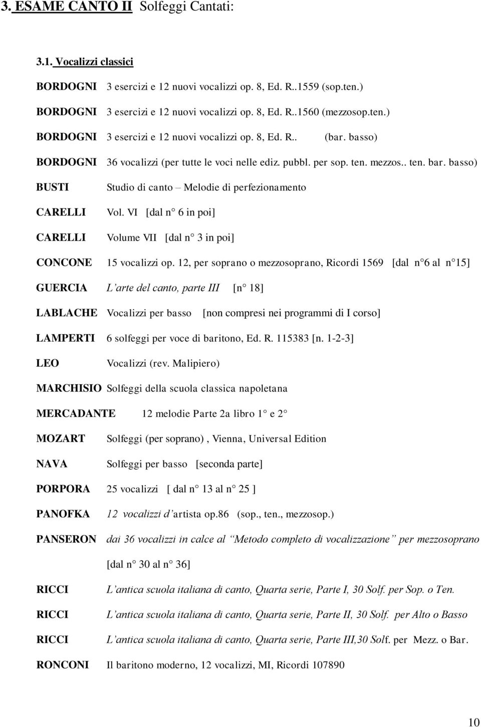 basso) BUSTI CARELLI CARELLI CONCONE Studio di canto Melodie di perfezionamento Vol. VI [dal n 6 in poi] Volume VII [dal n 3 in poi] 15 vocalizzi op.