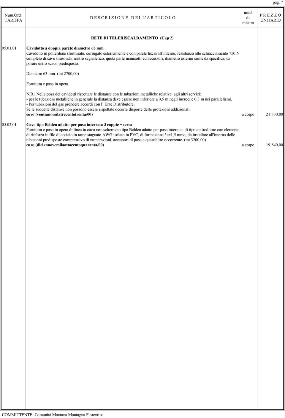 nastro segnaletico, quota parte manicotti ed accessori, ametro esterno come da specifica; da posare entro scavo presposto. Diametro 63 mm. (mt 2700,00) N.B.