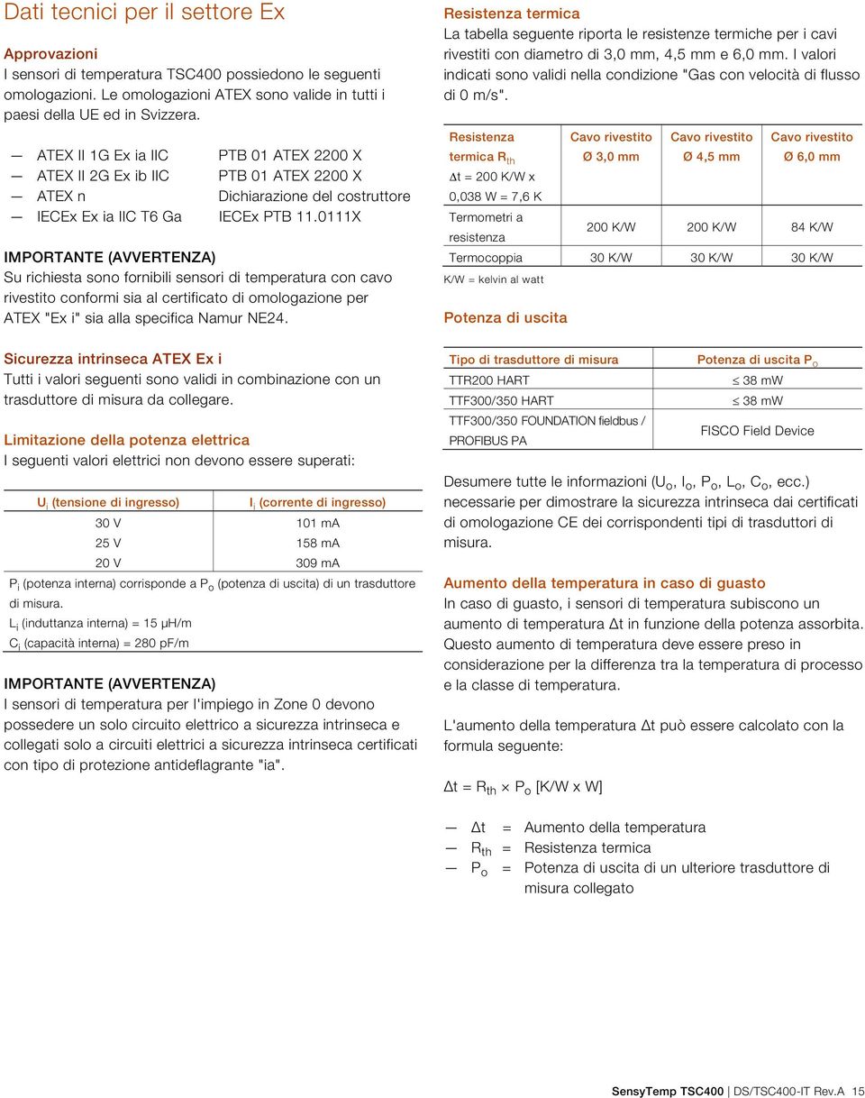 0111X IMPORTANTE (AVVERTENZA) Su richiesta sono fornibili sensori di temperatura con cavo rivestito conformi sia al certificato di omologazione per ATEX "Ex i" sia alla specifica Namur NE24.