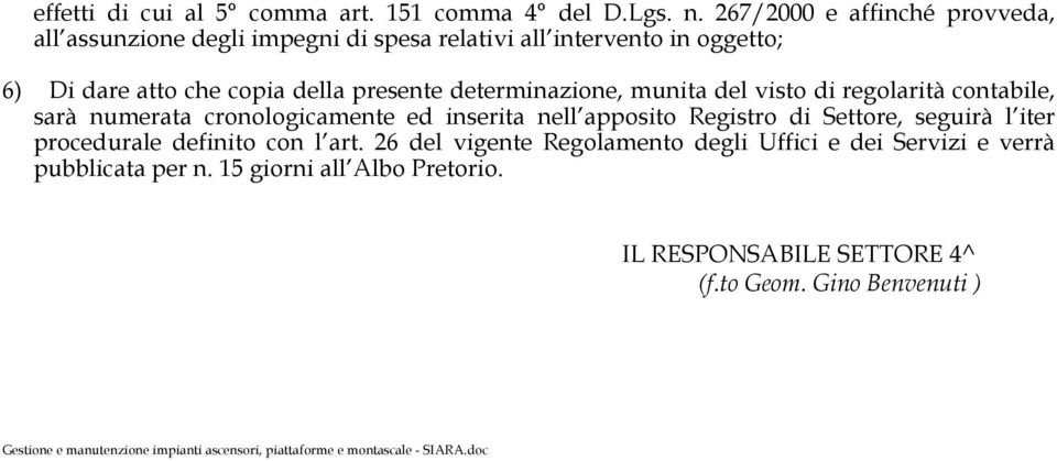 determinazione, munita del visto di regolarità contabile, sarà numerata cronologicamente ed inserita nell apposito Registro di Settore, seguirà l iter