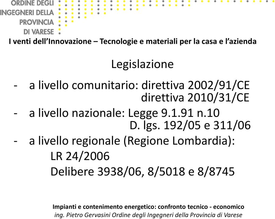 192/05 e 311/06 - a livello regionale (Regione Lombardia): LR 24/2006