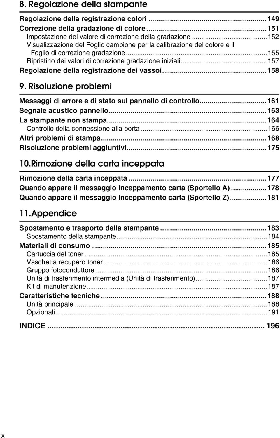 ..157 Regolazione della registrazione dei vassoi...158 9. Risoluzione problemi Messaggi di errore e di stato sul pannello di controllo...161 Segnale acustico pannello...163 La stampante non stampa.