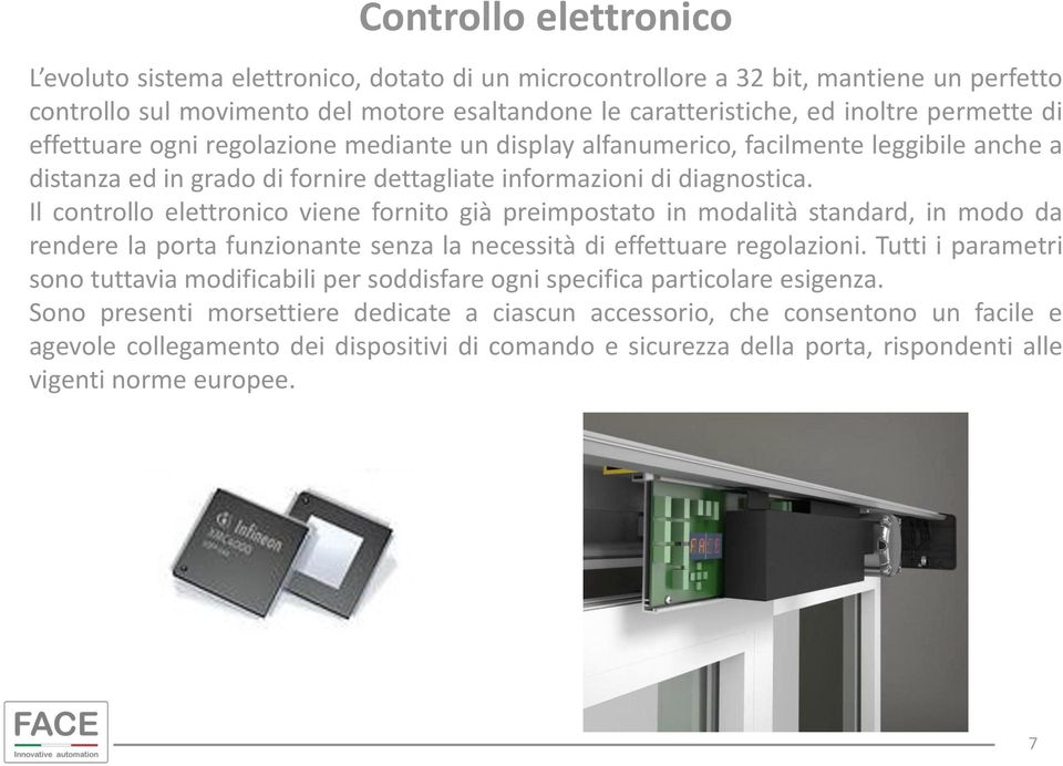 Il controllo elettronico viene fornito già preimpostato in modalità standard, in modo da rendere la porta funzionante senza la necessità di effettuare regolazioni.