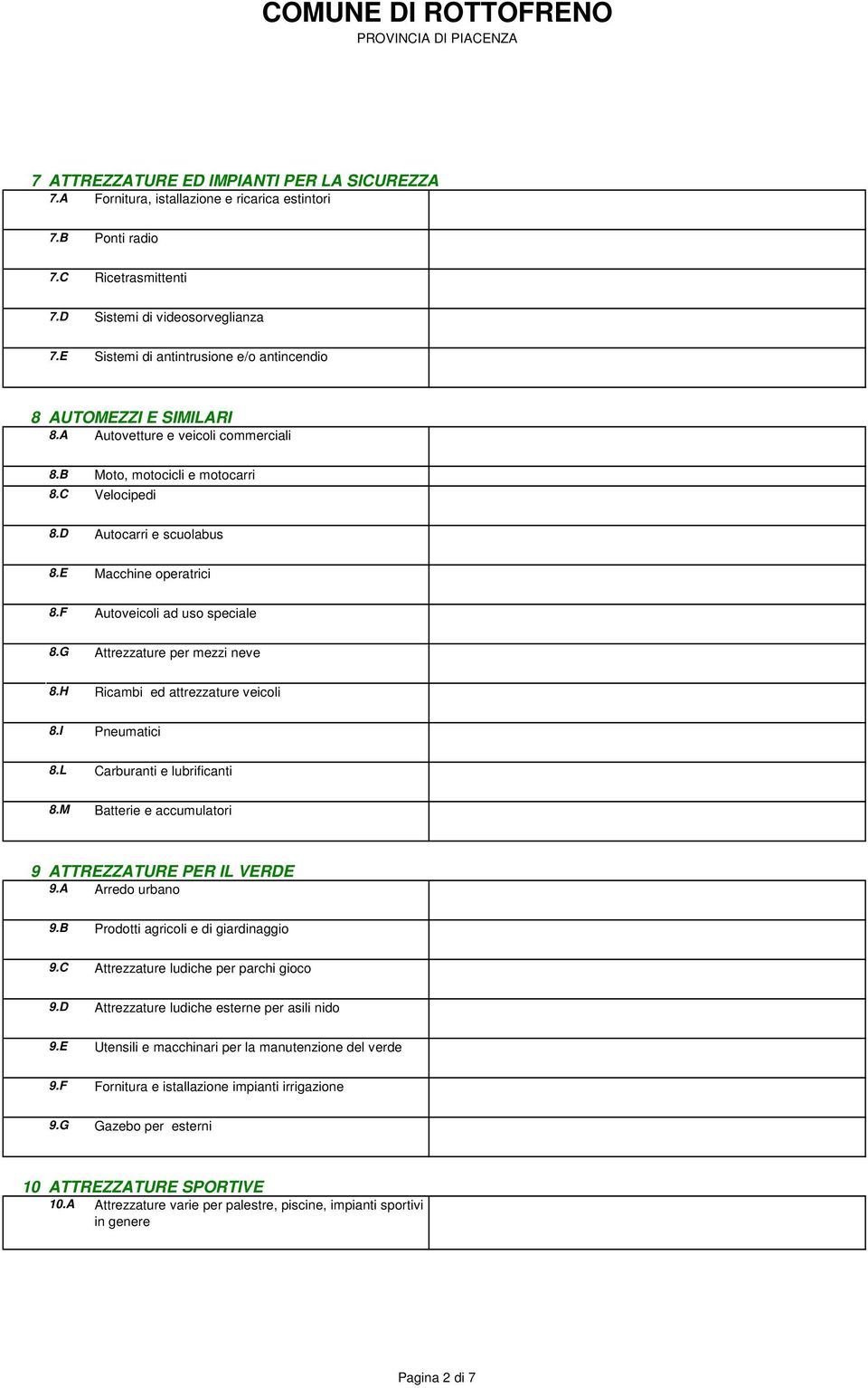 E Macchine operatrici 8.F Autoveicoli ad uso speciale 8.G Attrezzature per mezzi neve 8.H Ricambi ed attrezzature veicoli 8.I Pneumatici 8.L Carburanti e lubrificanti 8.