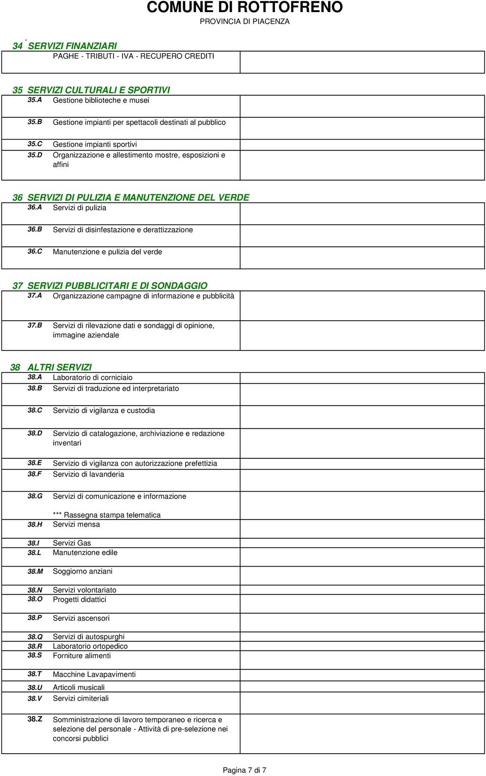 B Servizi di disinfestazione e derattizzazione 36.C Manutenzione e pulizia del verde 37 SERVIZI PUBBLICITARI E DI SONDAGGIO 37.A Organizzazione campagne di informazione e pubblicità 37.