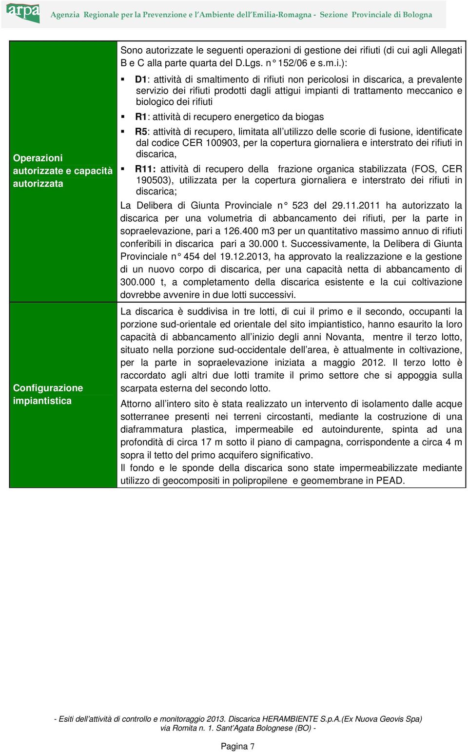 ): D1: attività di smaltimento di rifiuti non pericolosi in discarica, a prevalente servizio dei rifiuti prodotti dagli attigui impianti di trattamento meccanico e biologico dei rifiuti R1: attività