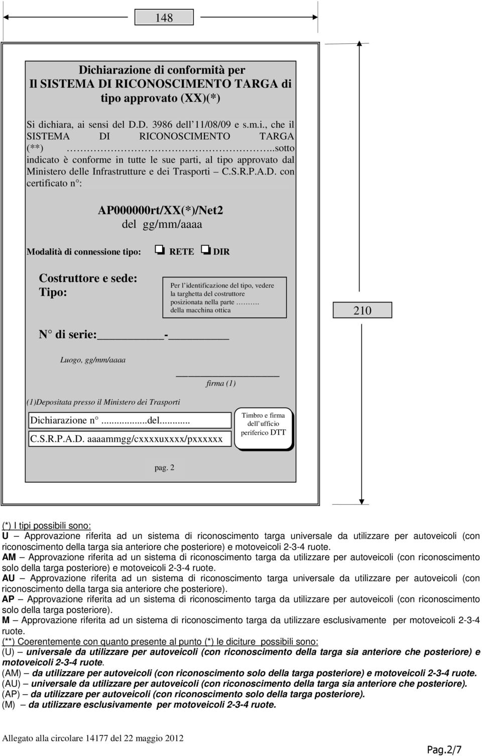 con certificato n : AP000000rt/XX(*)/Net2 del gg/mm/aaaa Modalità di connessione tipo: RETE DIR Costruttore e sede: Tipo: Per l identificazione del tipo, vedere la targhetta del costruttore